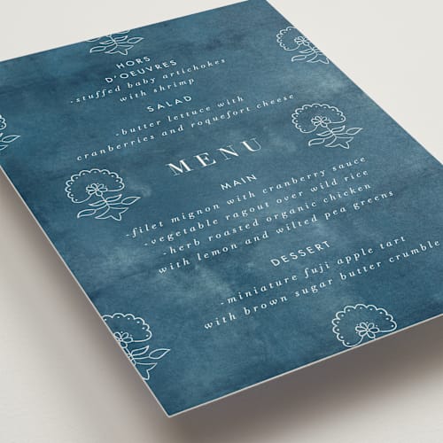 This is a indigo menu cards with standard by Nazia Hyder called kantha quilt printing on signature in standard