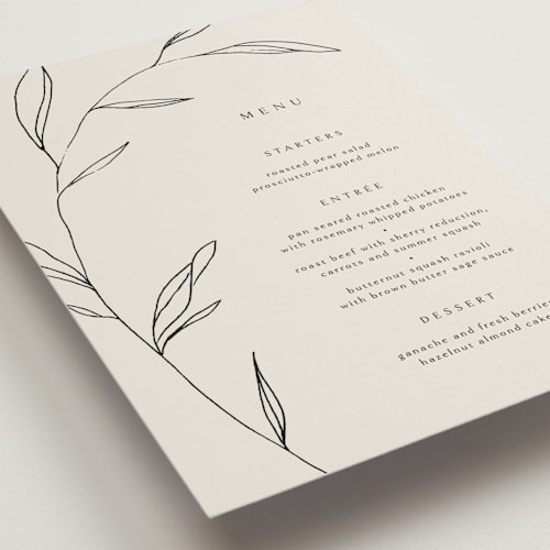 This is a taupe menu cards with standard by Kelly Schmidt called waldorf printing on signature in standard