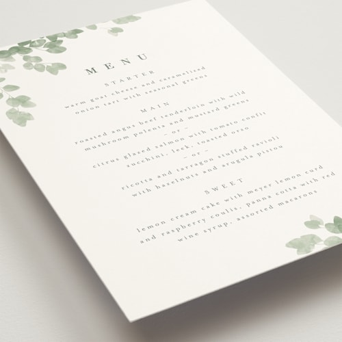 This is a eucalyptus menu cards with standard by Kristie Kern called vining printing on signature in standard