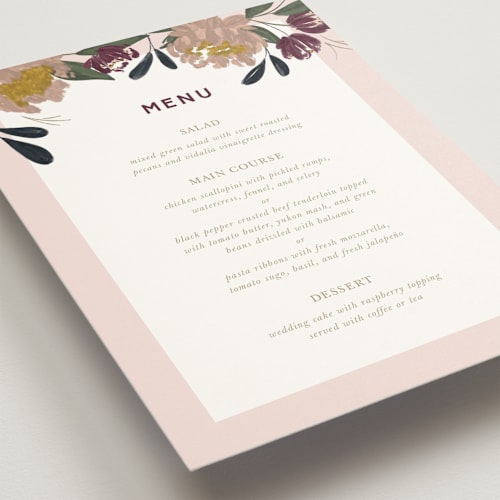 This is a blush menu cards with standard by Cindy Reynolds called wild peonies printing on signature in standard