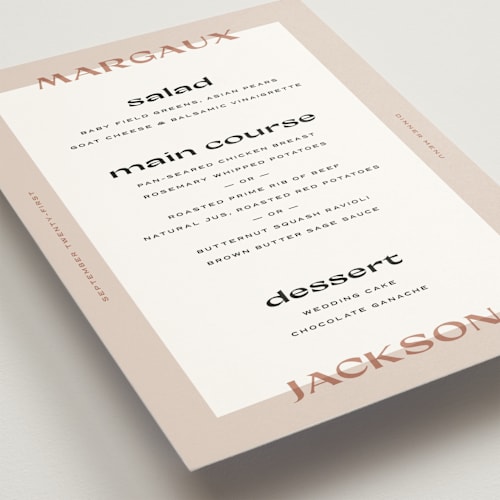 This is a sand menu cards with standard by Lindsay Stetson Thompson called margaux printing on signature in standard