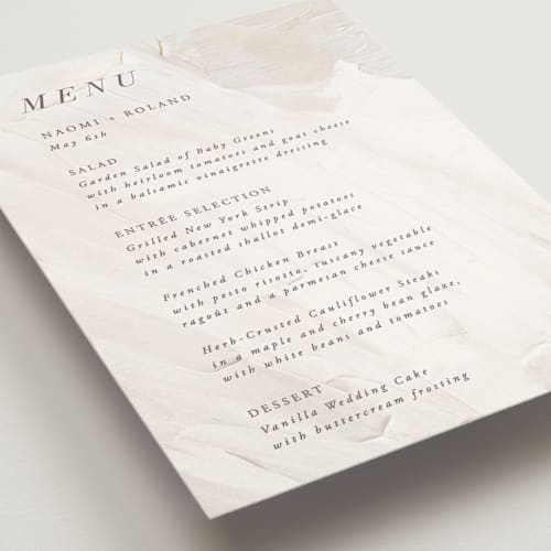 This is a cream menu cards with standard by Hooray Creative called neutrality printing on signature in standard