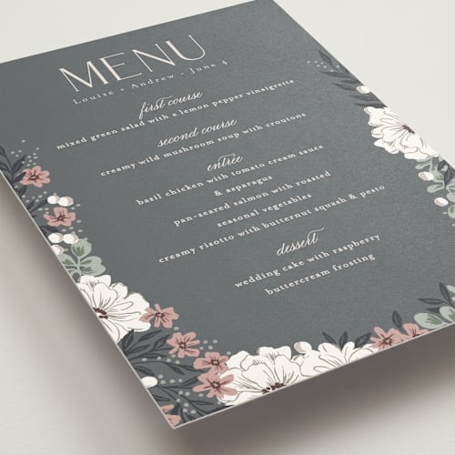 This is a linen menu cards with standard by Alethea and Ruth called illuminated storybook printing on signature in standard