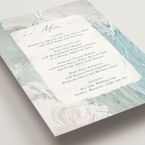 This is a aqua menu cards with standard by Hooray Creative called tidal wave printing on signature in standard
