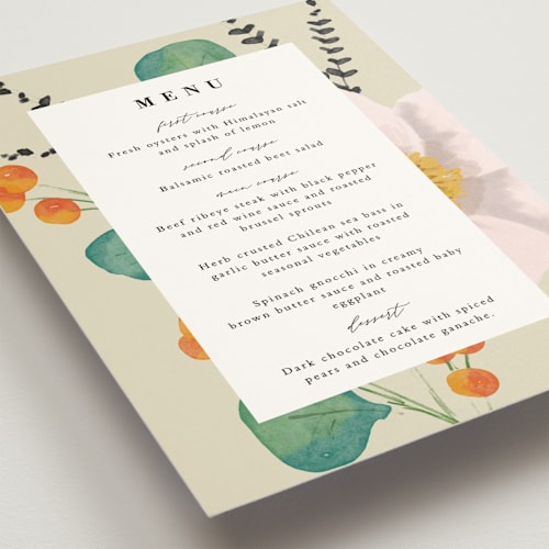 This is a wheat menu cards with standard by Keen Peachy called floral splash printing on signature in standard