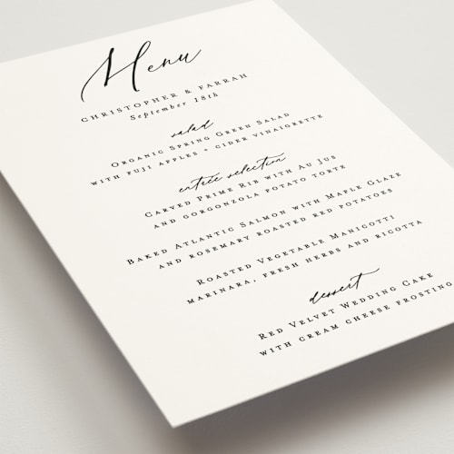 This is a pearl menu cards with standard by Hooray Creative called beautifully scripted printing on signature in standard