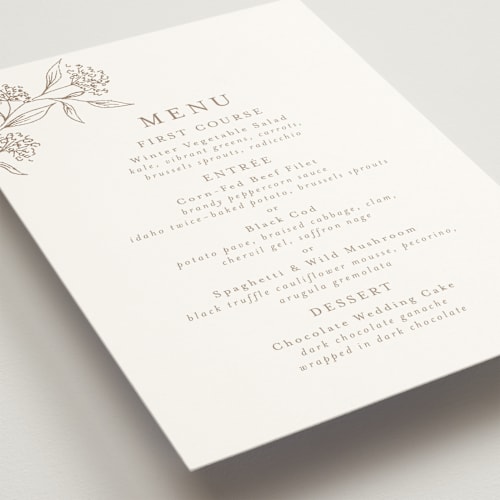 This is a taupe menu cards with standard by Chris Griffith called monogrammed printing on signature in standard