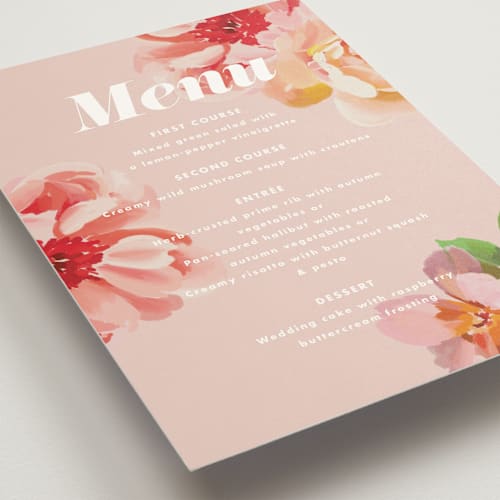 This is a petal menu cards with standard by Olivia Kanaley Inman called july garden printing on signature in 5x7