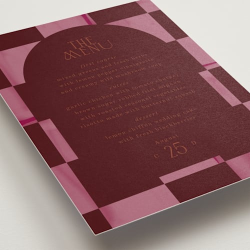 This is a scarlet menu cards with standard by Baumbirdy called checker wash printing on signature in standard