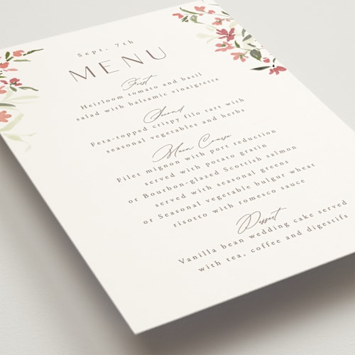 This is a garnet menu cards with standard by Everett Paper Goods called fleur printing on signature in 5x7