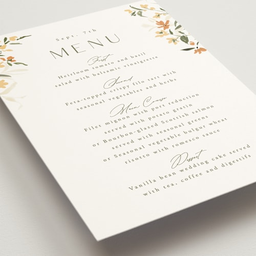 This is a citrine menu cards with standard by Everett Paper Goods called fleur printing on signature in 5x7