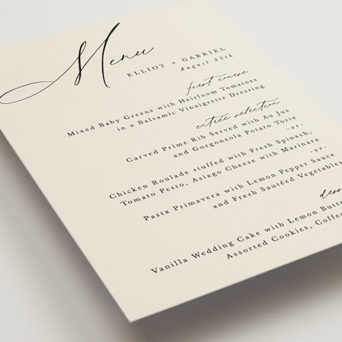 This is a ecru menu cards with standard by Hooray Creative called scripted names printing on signature in 5x7