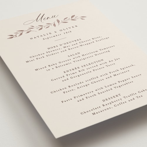 This is a ecru menu cards with standard by Hooray Creative called delicate monogram printing on signature in standard