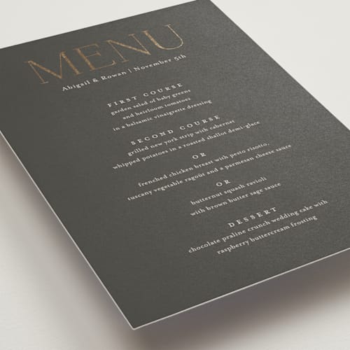 This is a charcoal menu cards with foil pressed by Jessica Williams called initialed printing on signature in standard