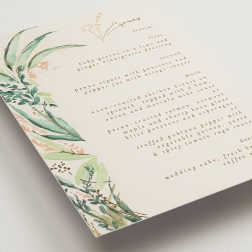 This is a greenery menu cards with foil pressed by Phrosné Barwood called fresh tropical printing on signature in standard