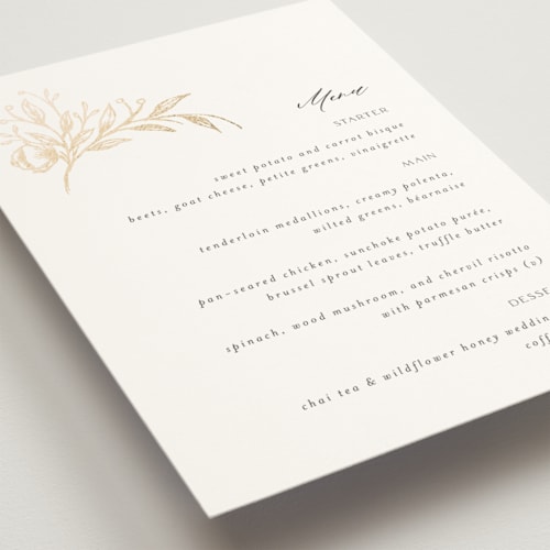 This is a pearl menu cards with foil pressed by Melanie Kosuge called keirah printing on signature in standard