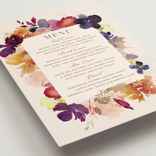 This is a cream menu cards with foil pressed by Lori Wemple called bouquet printing on signature in standard