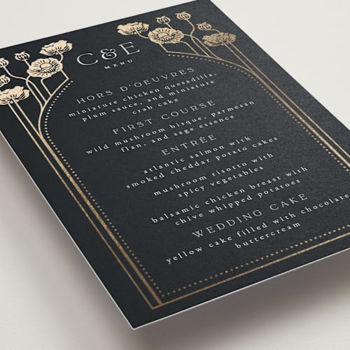 This is a navy menu cards with foil pressed by Ana de Sousa called nouveau flowers printing on signature in 5x7