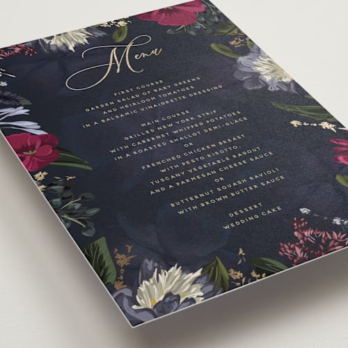 This is a jewel menu cards with foil pressed by Susan Moyal called after midnight printing on signature in standard