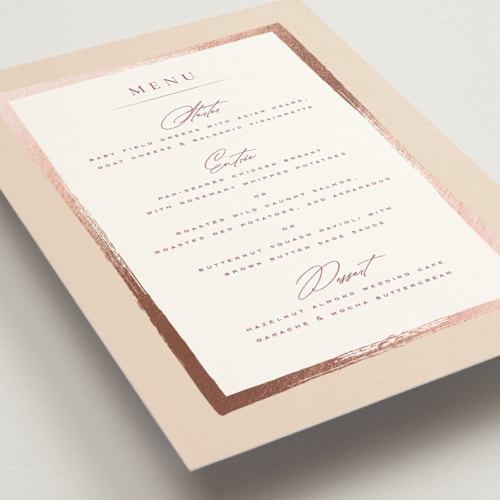 This is a peony menu cards with foil pressed by Wildfield Paper Co called romantic frame printing on signature in standard