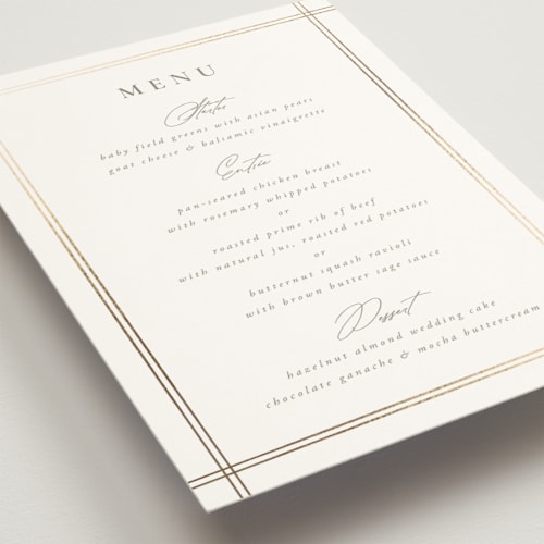 This is a silk menu cards with foil pressed by Wildfield Paper Co called classic line frame printing on signature in standard