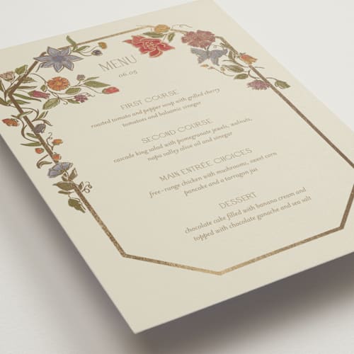 This is a mint menu cards with foil pressed by Simona Camp called radiant botany printing on signature in standard