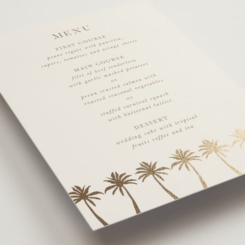 This is a tan menu cards with foil pressed by lulu and isabelle called sunset by the sea printing on signature in standard