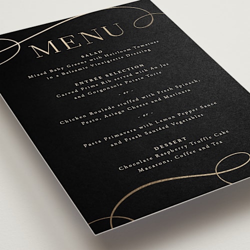 This is a onyx menu cards with foil pressed by Hooray Creative called black tie affair printing on signature in 5x7