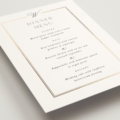 This is a pearl menu cards with foil pressed by Leah Bisch called elegant type printing on signature in 5x7
