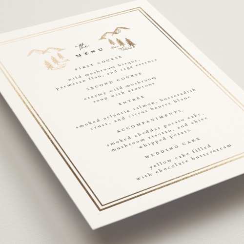 This is a quartz menu cards with foil pressed by Ana de Sousa called summit serenity printing on signature in 5x7
