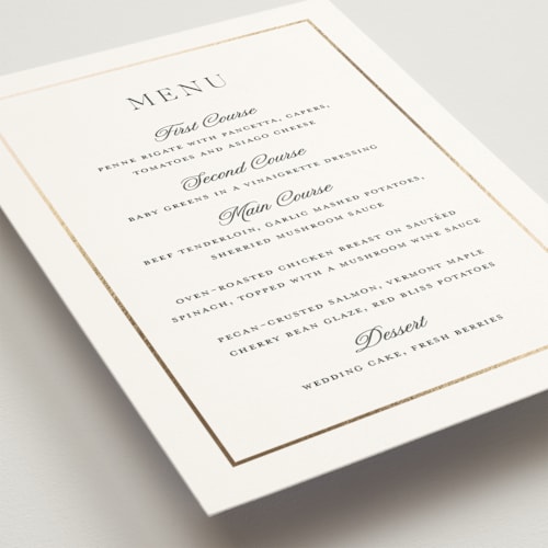 This is a pearl menu cards with foil pressed by Stacey Meacham called opulence printing on signature in 5x7