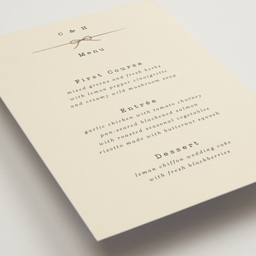 This is a ivory menu cards with foil pressed by Baumbirdy called bow tie printing on signature in 5x7
