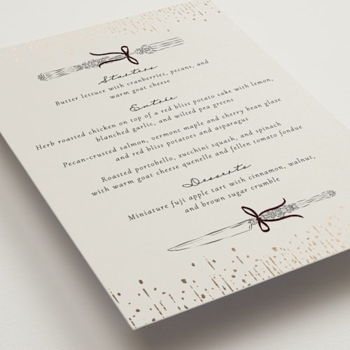 This is a noir menu cards with foil pressed by Jackie Crawford called hand illustrated whimsical chandelier printing on signature in 5x7
