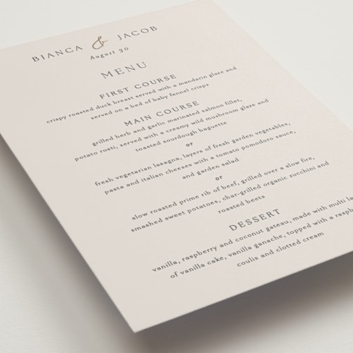 This is a ivory menu cards with foil pressed by Angela Thompson called eloquent printing on signature in 5x7