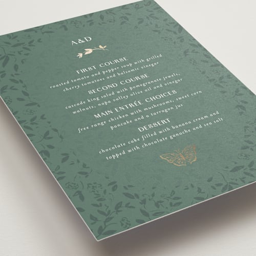 This is a eucalyptus menu cards with foil pressed by Simona Camp called southern romance printing on signature in 5x7