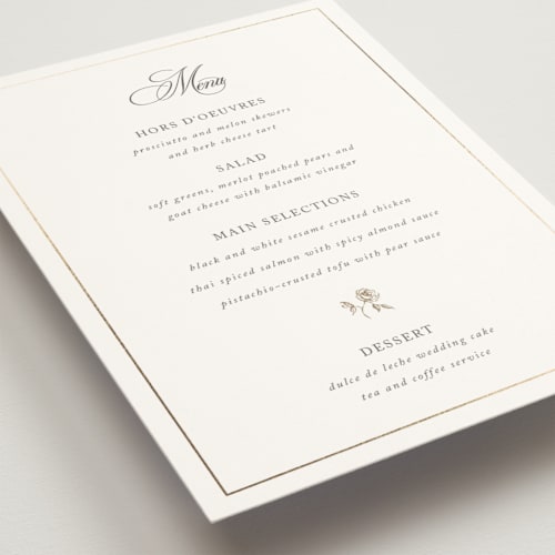 This is a classic bride menu cards with foil pressed by Design Lotus called here with you printing on signature in 5x7