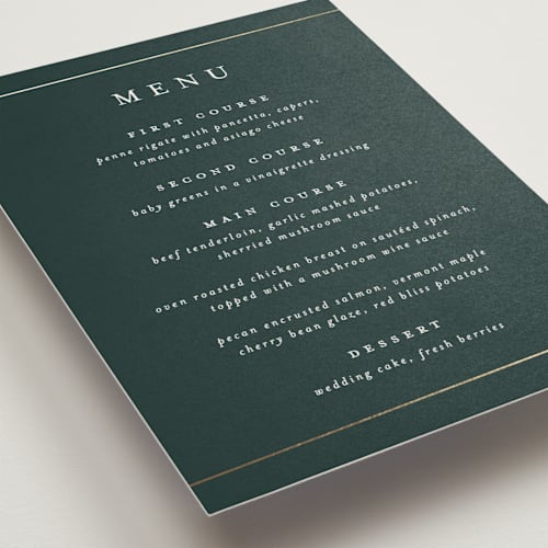 This is a forest menu cards with foil pressed by Stacey Meacham called style and grace printing on signature in 5x7