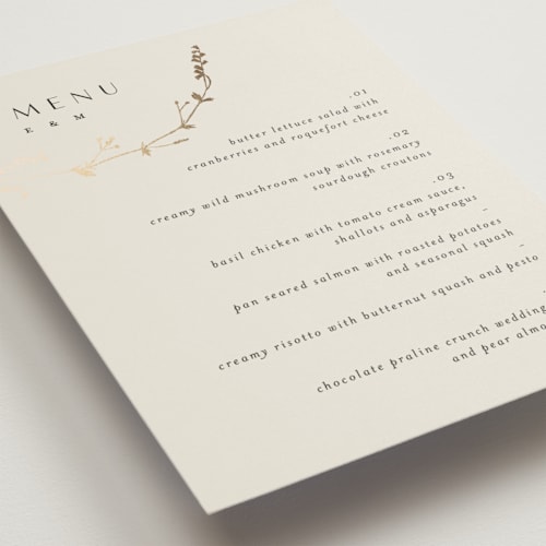 This is a cotton menu cards with foil pressed by Amy Kross called vine wrap printing on signature in 5x7