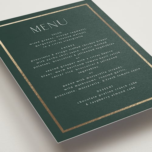 This is a evergreen menu cards with foil pressed by Nicole Walsh called regal printing on signature in 5x7