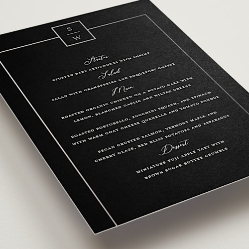 This is a noir menu cards with foil pressed by Stacey Meacham called elegant station printing on signature in standard