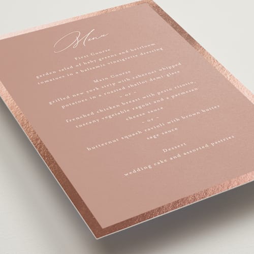 This is a rose menu cards with foil pressed by Nicole Walsh called surround printing on signature in standard