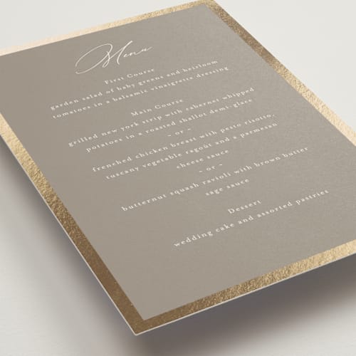 This is a khaki menu cards with foil pressed by Nicole Walsh called surround printing on signature in standard