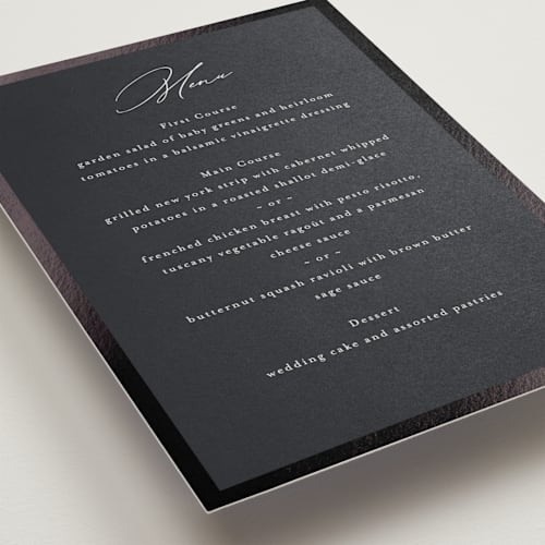 This is a midnight menu cards with foil pressed by Nicole Walsh called surround printing on signature in standard