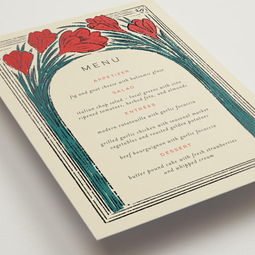 This is a birch menu cards with foil pressed by Shiny Penny Studio called deco spring florals printing on signature in standard