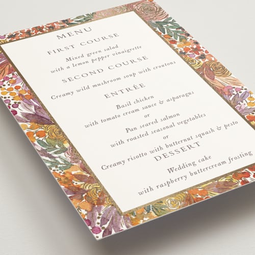 This is a amber menu cards with foil pressed by Alexandra Dzh called autumn flowers printing on signature in standard