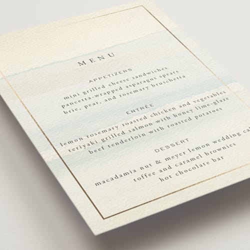 This is a sand menu cards with foil pressed by Janean Hinger called contemplate printing on signature in standard
