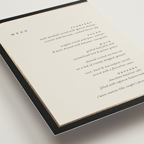 This is a black tie menu cards with foil pressed by Carolyn Nicks called tuxedo printing on signature in standard