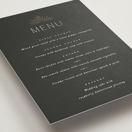 This is a midnight menu cards with foil pressed by Leah Bisch called fringe printing on signature in standard