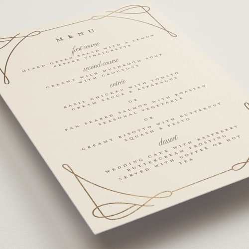 This is a cream menu cards with foil pressed by Katie Zimpel called simple art nouveau printing on signature in standard