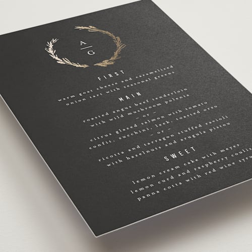 This is a onyx menu cards with foil pressed by Kristie Kern called panache printing on signature in standard